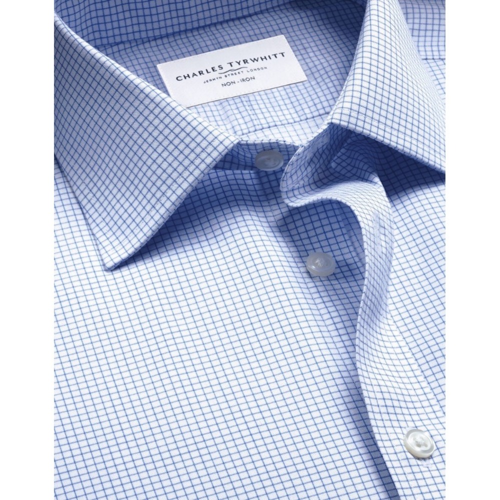 Charles Tyrwhitt Cornflower Blue Grid Check Non-Iron Slim Shirt 16.5/35 NWT